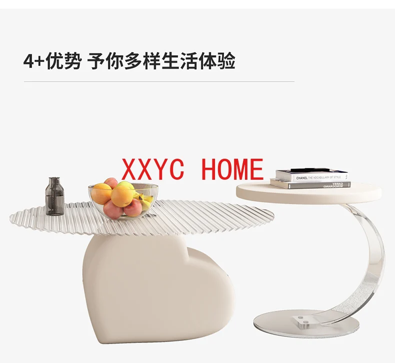 

Cream Style Heart-Shaped Tea Table Combination Household Silent Wind Shaped Suspended round Glass Tea Table