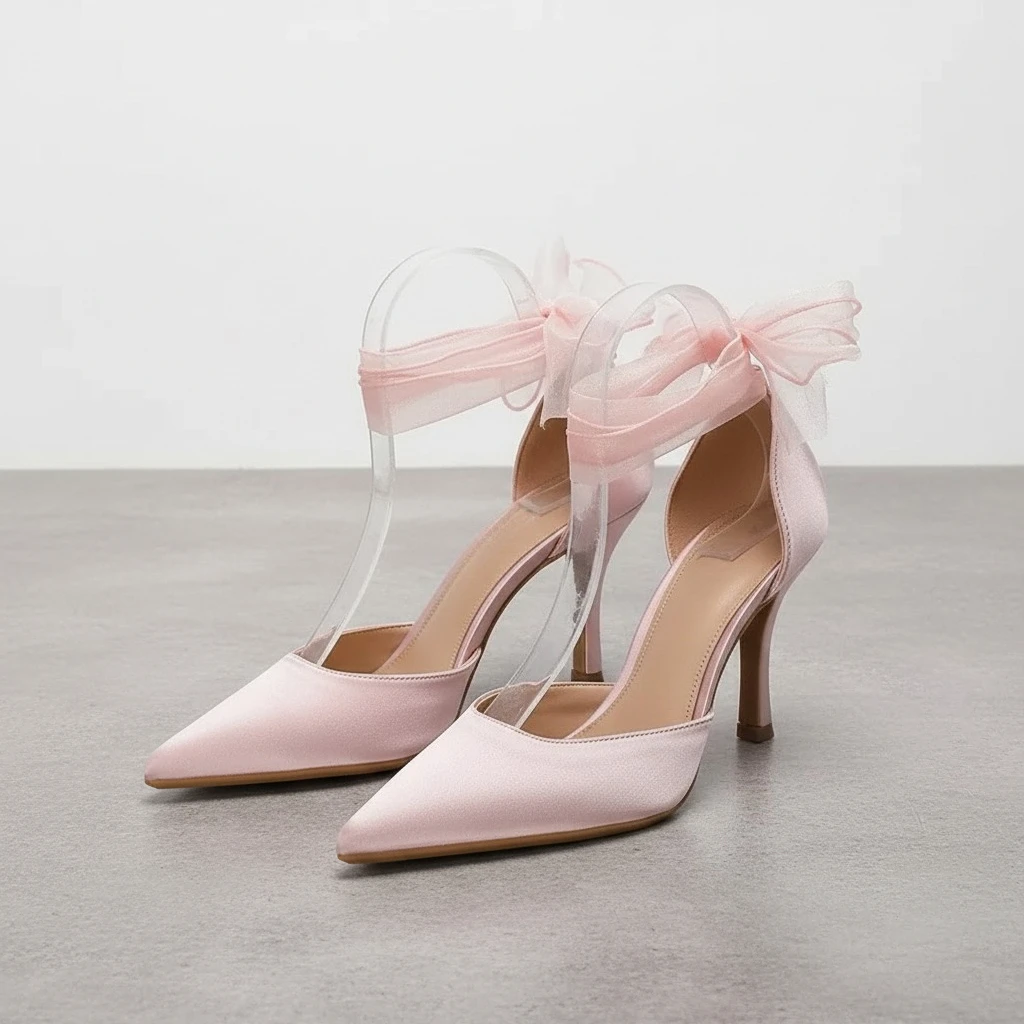 

French Womens Satin Transparent Strap High Heels Sandals Pointed Toes Bowknot Stilettos Sexy Party Wedding Prom Dress Shoes Pink