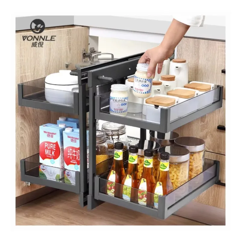 

Modern Stainless Steel Kitchen Cabinet Corner Pull-Out Drawer with Little Monster Pot Rack Storage Basket