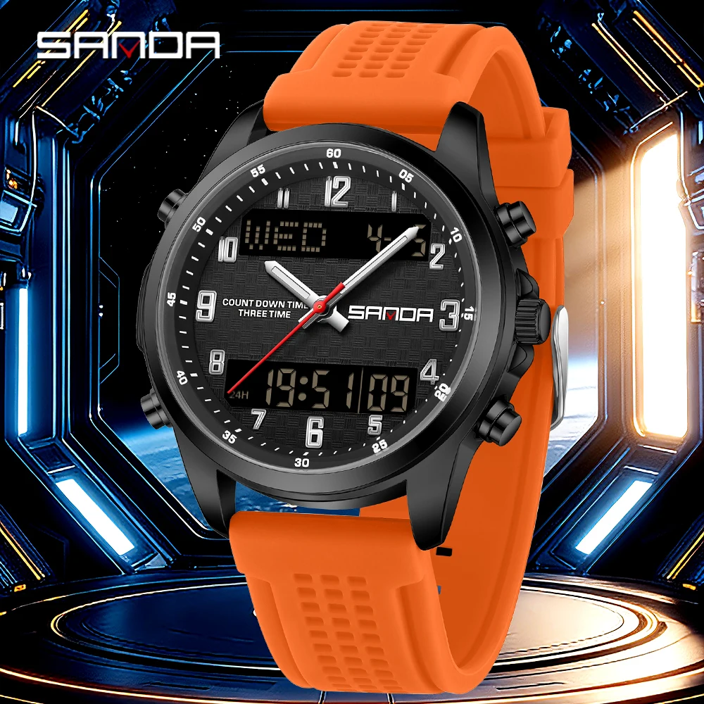 2026 SANDA 9119 Dual Display Tape Watch Men's Dual Movement Multi functional Timer Night Light Alarm Clock 5ATM Waterproof