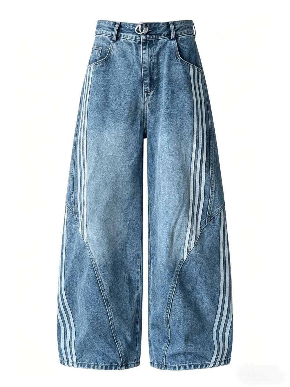 

Mens Side Stripe Wide Leg Distressed Denim Jeans Summer Casual American Retro Loose Fit