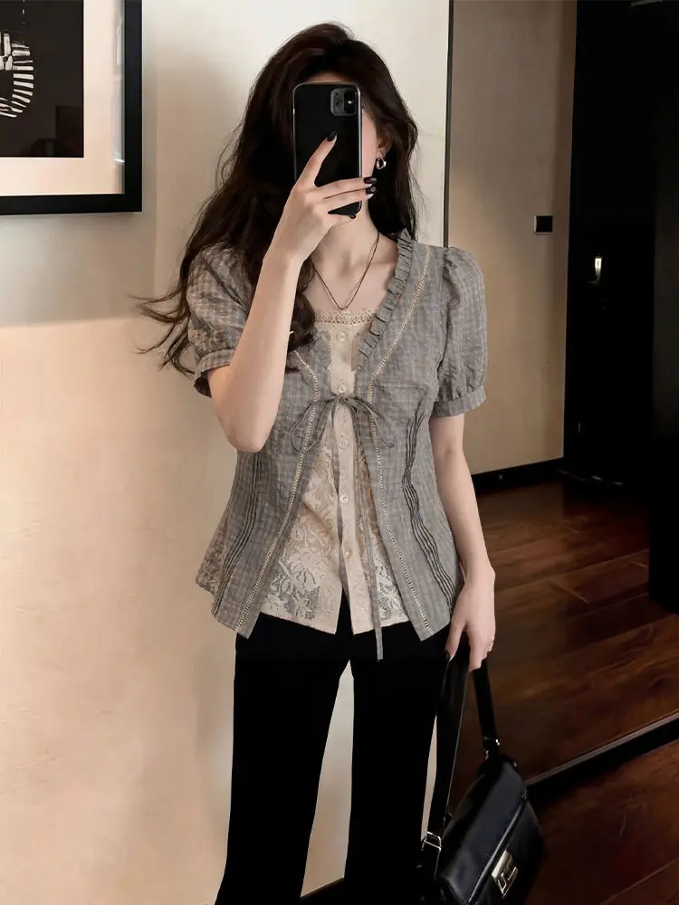

Gray Plaid V-Neck Short Sleeve Shirt Women's Spring Lace Trim Unique Beautiful Top Korean Style Waist-Cinching Knot