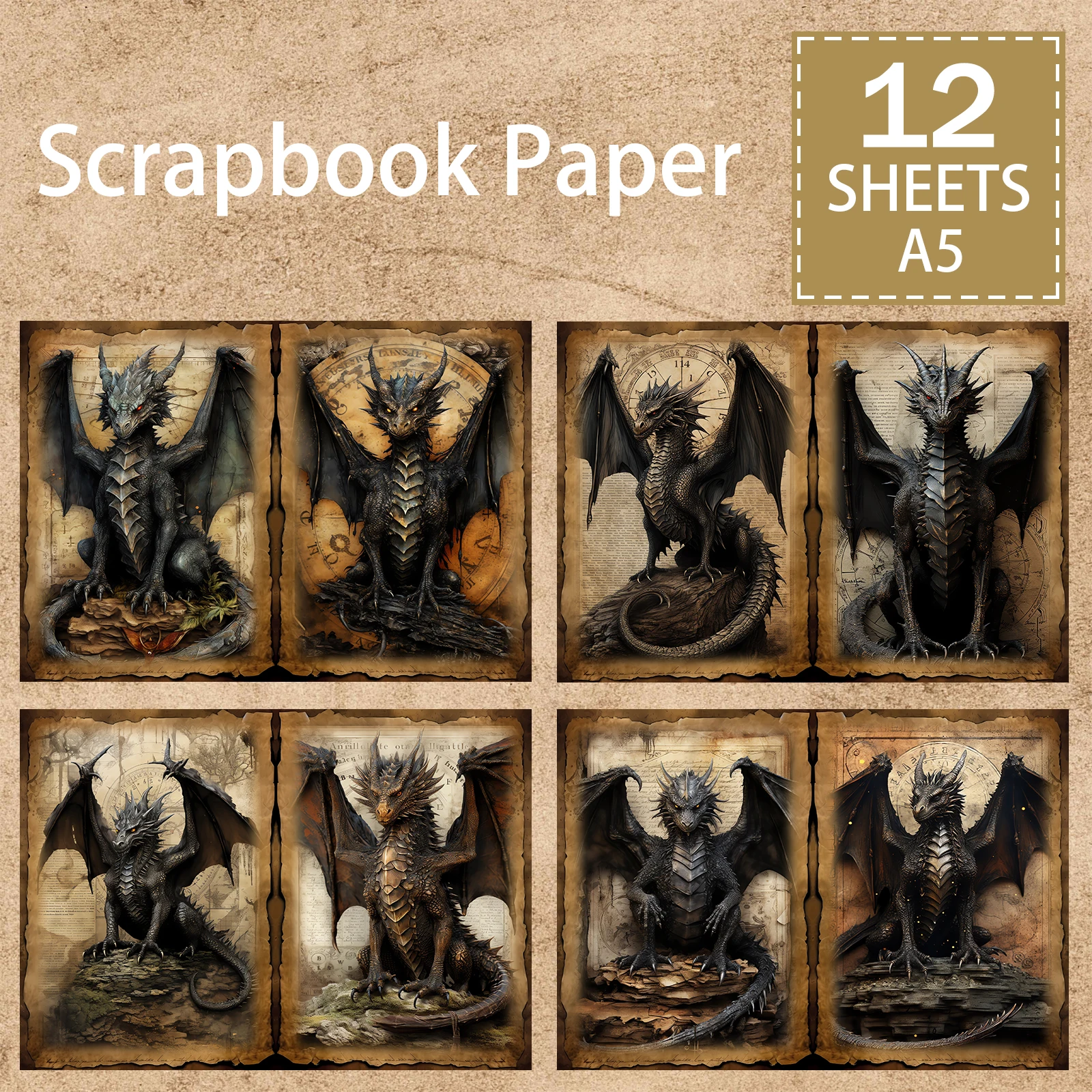 12 Sheets A5 Size Gothic Dark Dragon Background Vintage Grunge Journal Planning Scrapbooking