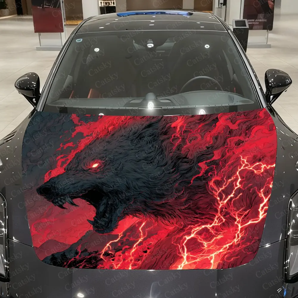 Red Lightning Wolf Car Hood Wrap - Waterproof PVC Self-Adhesive Decal, Scratch-Resistant, Durable Car & Truck Hood Cover