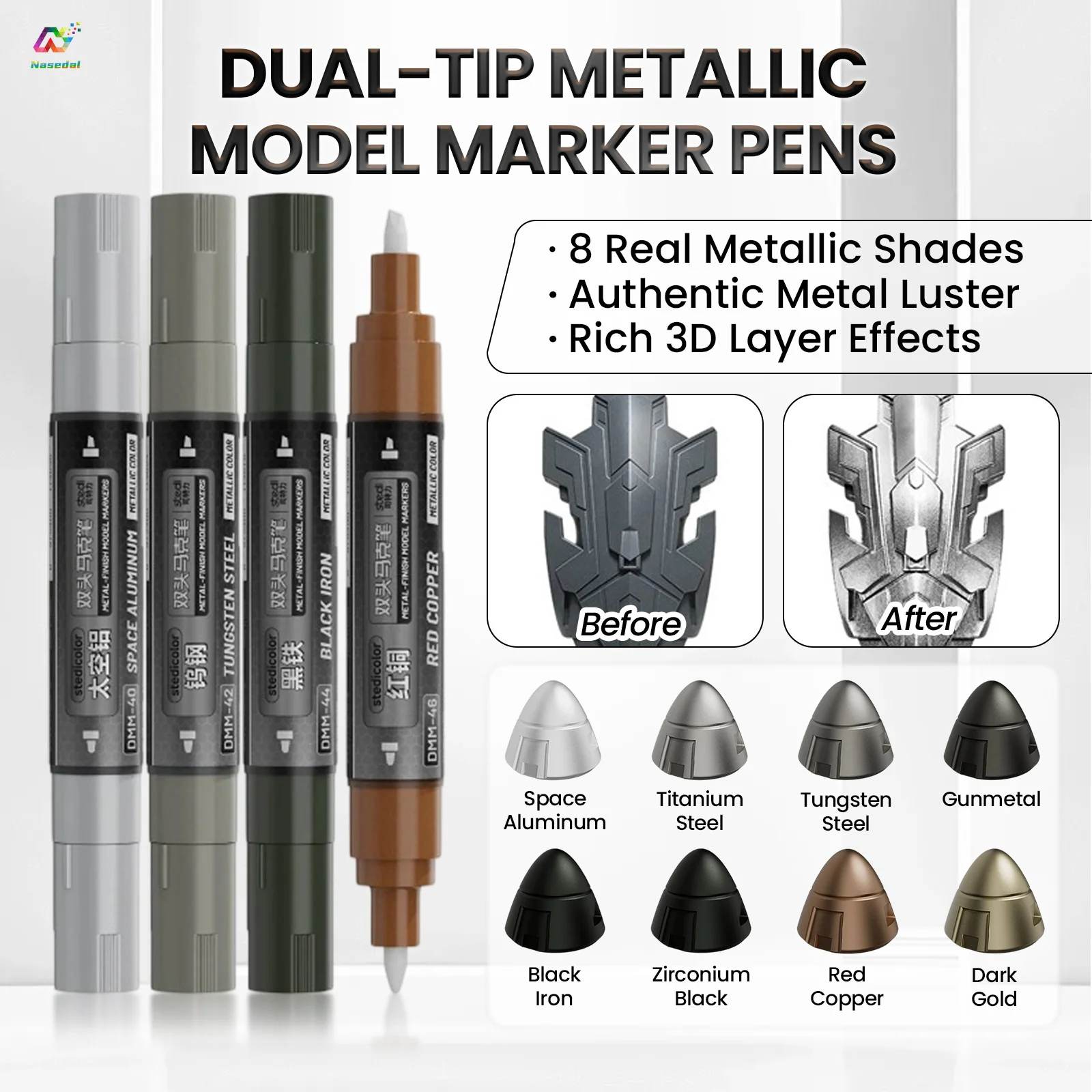 Stedi DMM-40~47 Dual Tip Metallic Model Paint Marker Water Based for Gundam Mecha Model Kit Armor Frame Detailing Painting Tools