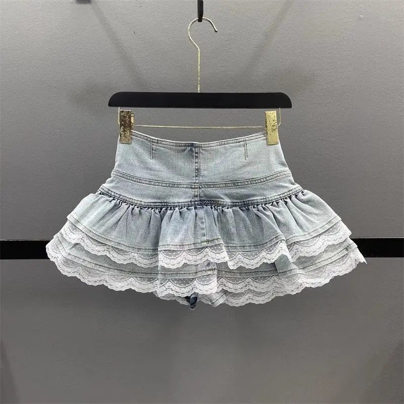 Woman Vintage Denim Pleated Skirt Lace Fold Design A-line Short Skirt Built in Shorts American Spicy Girl Korea Fashion Hotsweet 12 S477eaac71891491db8746cc21887ca70U