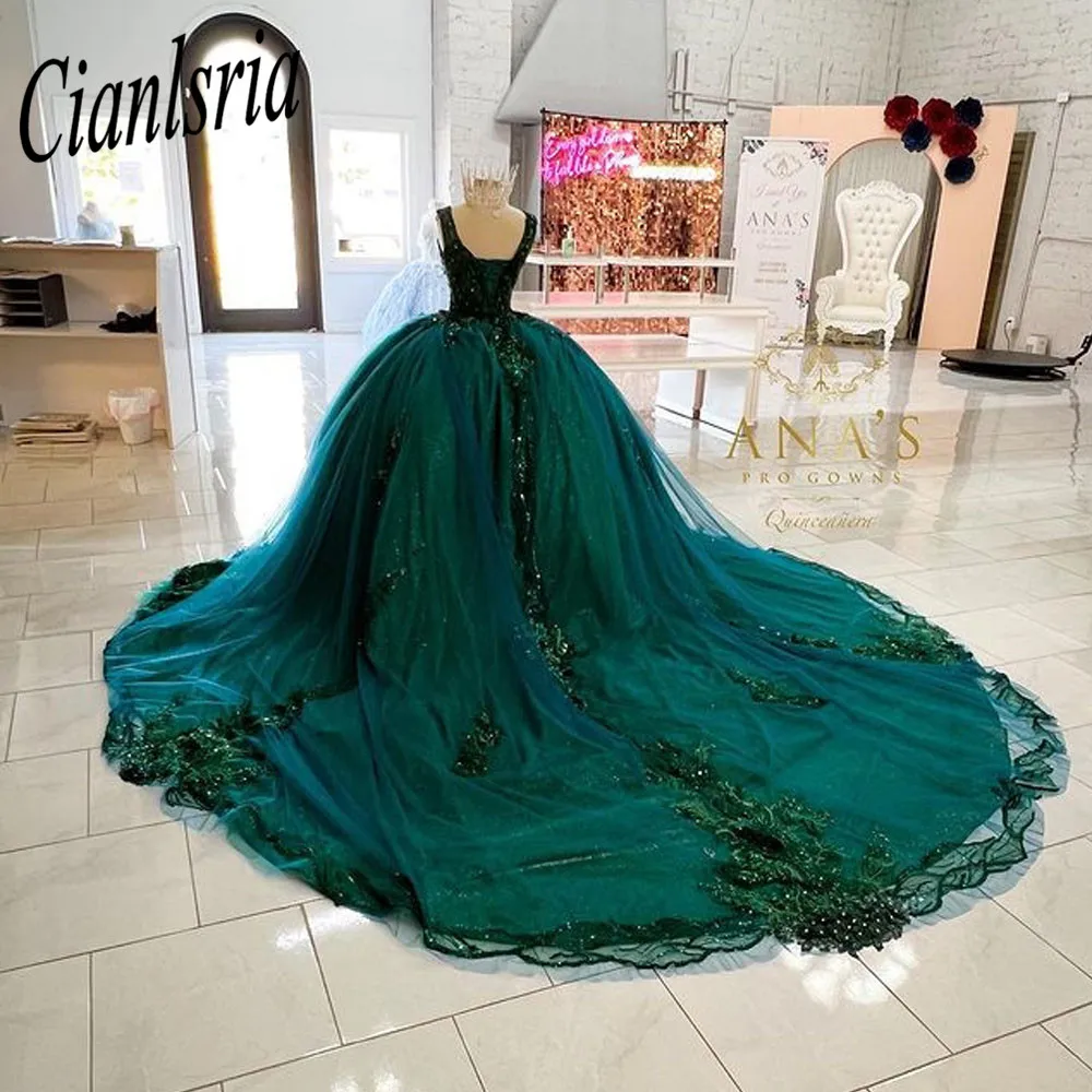 Gaun Bola Gembung Gaun Quinceanera Gaun Pesta Payet Tulle Sweetheart Putri Renda Formal Hijau Gaun Vestidos De 15 Años