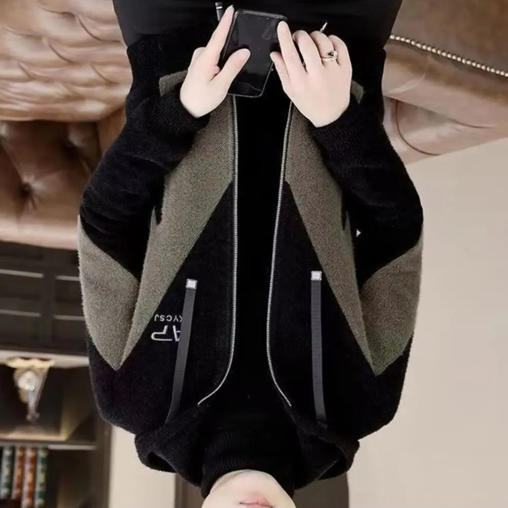 Fall Winter Men Jacket Hooded Color Matching Thick Loose Soft Drawstring Zipper Closure Cardigan Long Sleeve Warm Plus Size Men