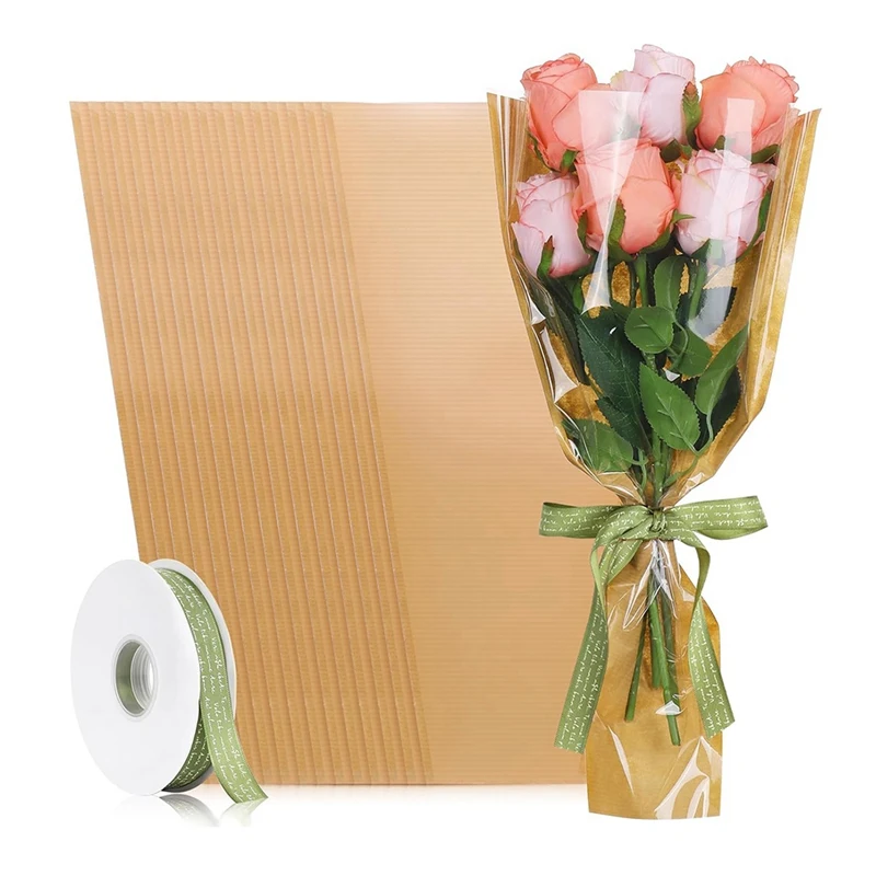 50 Pieces Flower Packaging Bags With Ribbon, Kraft Paper Flower Packaging Bouquet Bags, Suitable For Wedding Birthday