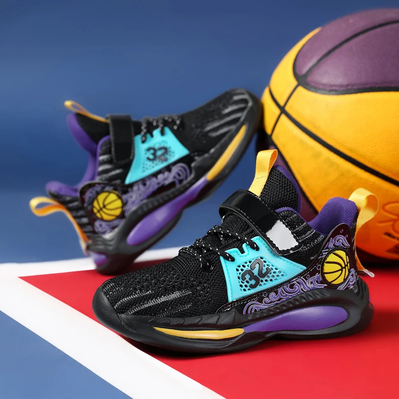 A pair of children's velcro breathable basketball shoes cushioned anti-slip sole outdoor training sneakers XBS-719