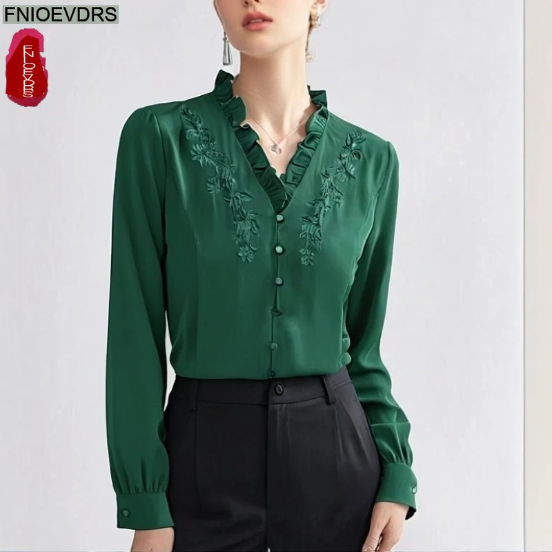 레트로 빈티지 러플 탑 블라우스 가을 봄 여성 긴팔 솔리드 자수 꽃무늬 그린 퍼플 화이트 기본 셔츠