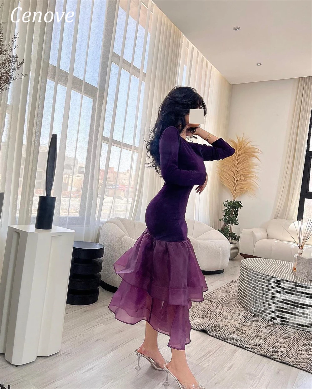 

Cenove Mermaind Sheath Long Evening Gown Formal RUFFLES Elegant Prom Purple O-Neck New Party Dresses for Women 2023