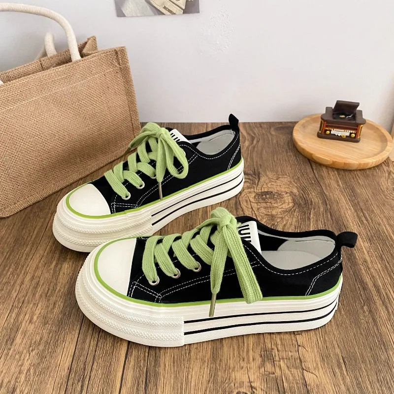 

Thick Bottom Canvas Shoes Women's round Toe Flat Laces Dual Strap Versatile Thin Sole Board Shoes Breathable Low Cut Casual