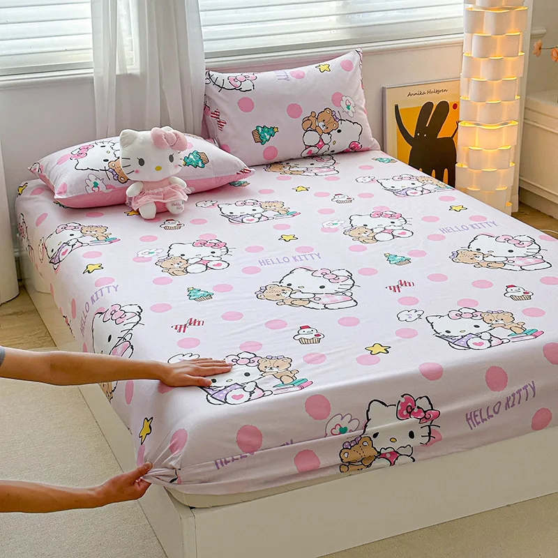 Sanrio Hello Kitty Bed Mattress Cover Kawaii Cartoon Cinnamoroll Kuromi Bed Linen Fitted Sheet For Kids Adult Single Queen Size