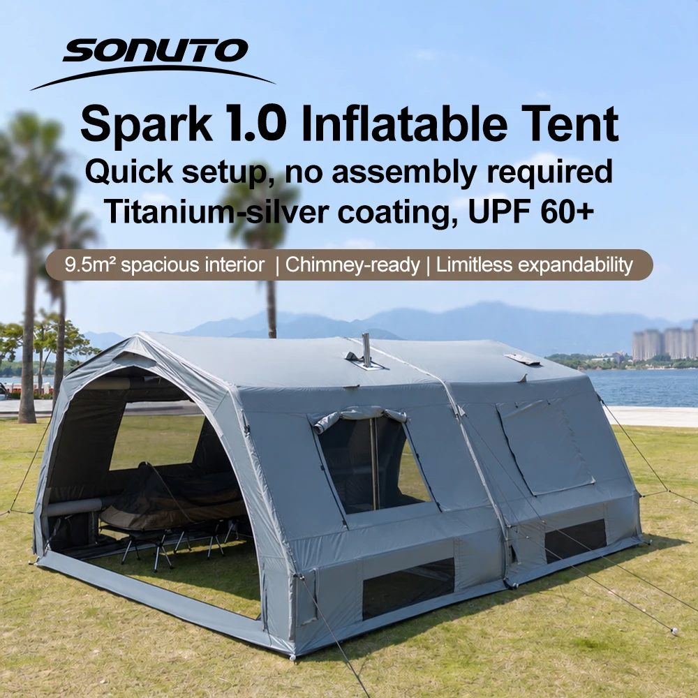 Sonuto Quick Setup Inflatable Camping Tent, Titanium Silver Coating UV Protection, Double Door, Chimney Ready, Connectab