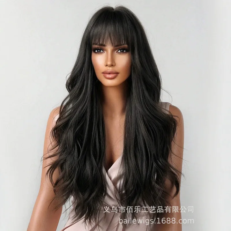 Women's full wig with bangs, black-brown long wavy synthetic hair