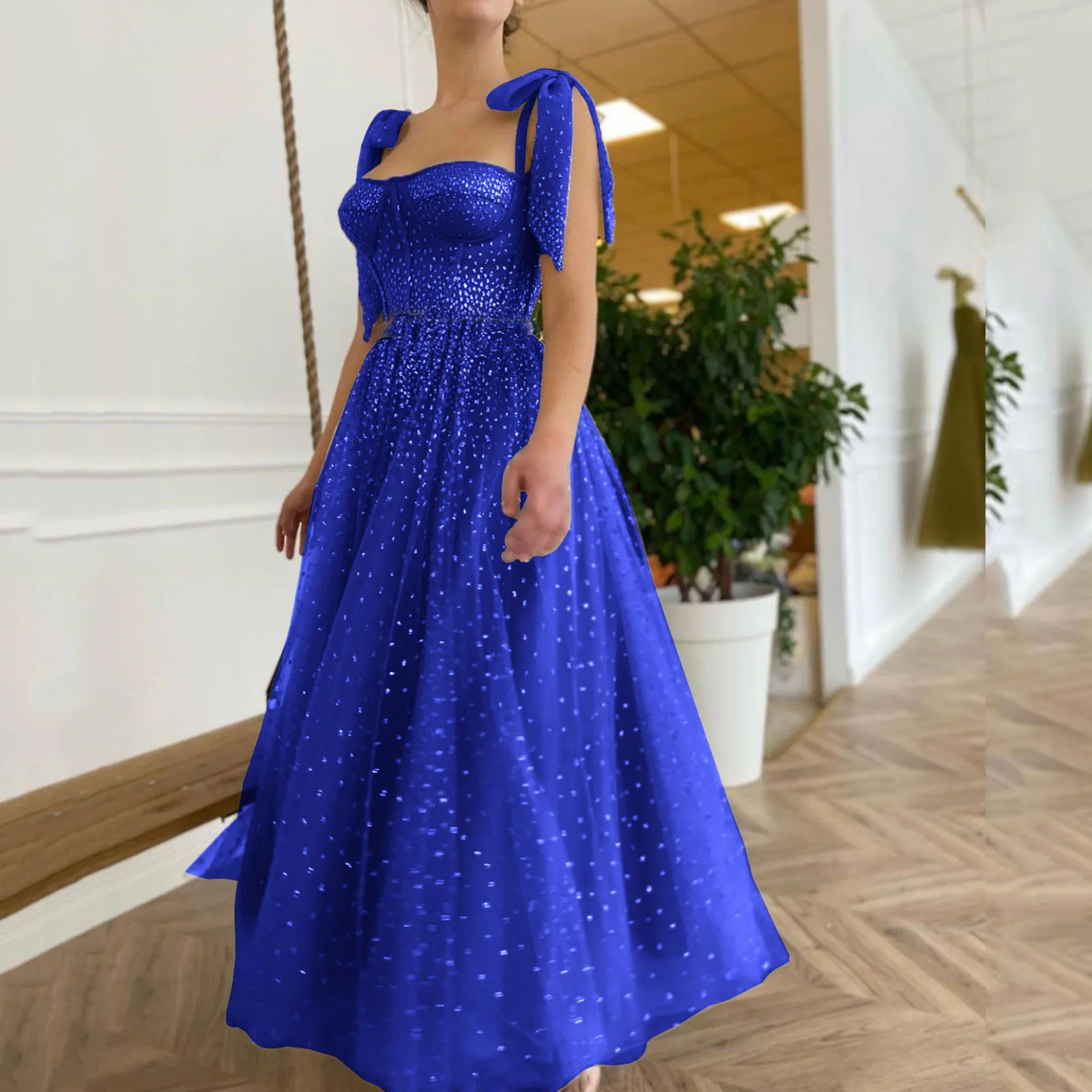 Elegant Party Dresses For Women 2024 Polka Dot  Mesh Glitter Sparkly Sequins Spaghetti Strap Lace Up A-Line Dresses Formal Dress