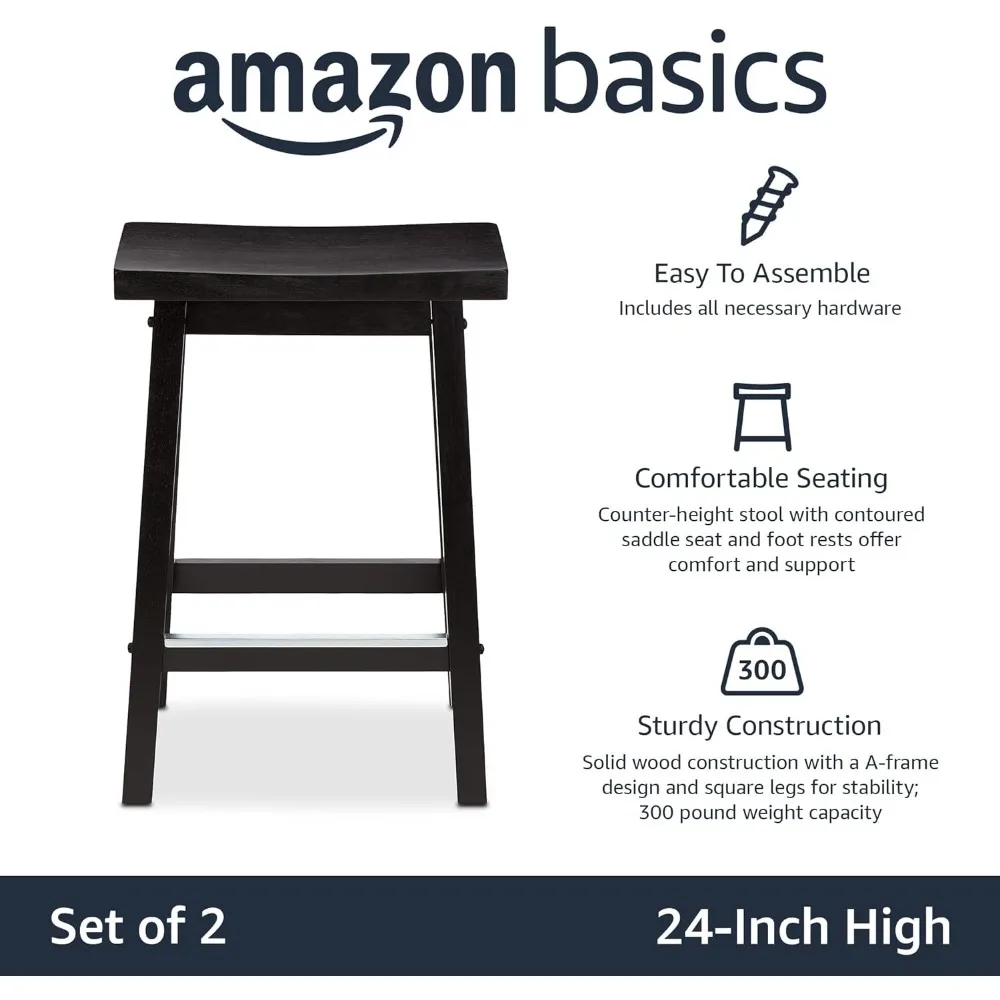Basics Solid Wood Saddle-Seat Kitchen Counter-Height Stool, 24-Inch Height, Black - Set of 2