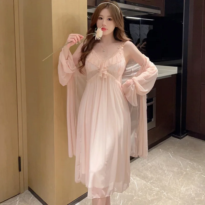 

Summer Bride Wedding Nighty&Robe Set Female Kimono Sleepwear Lace Mesh Bathrobe Gown Nightgown Rayon Home Dress Lounge Wear