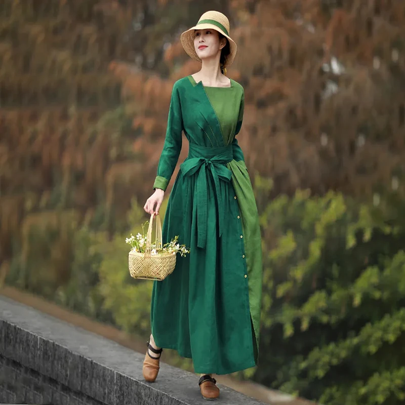 

Large women's 2022 new dress national style dress women's belly covering thin contrast color stitching dress