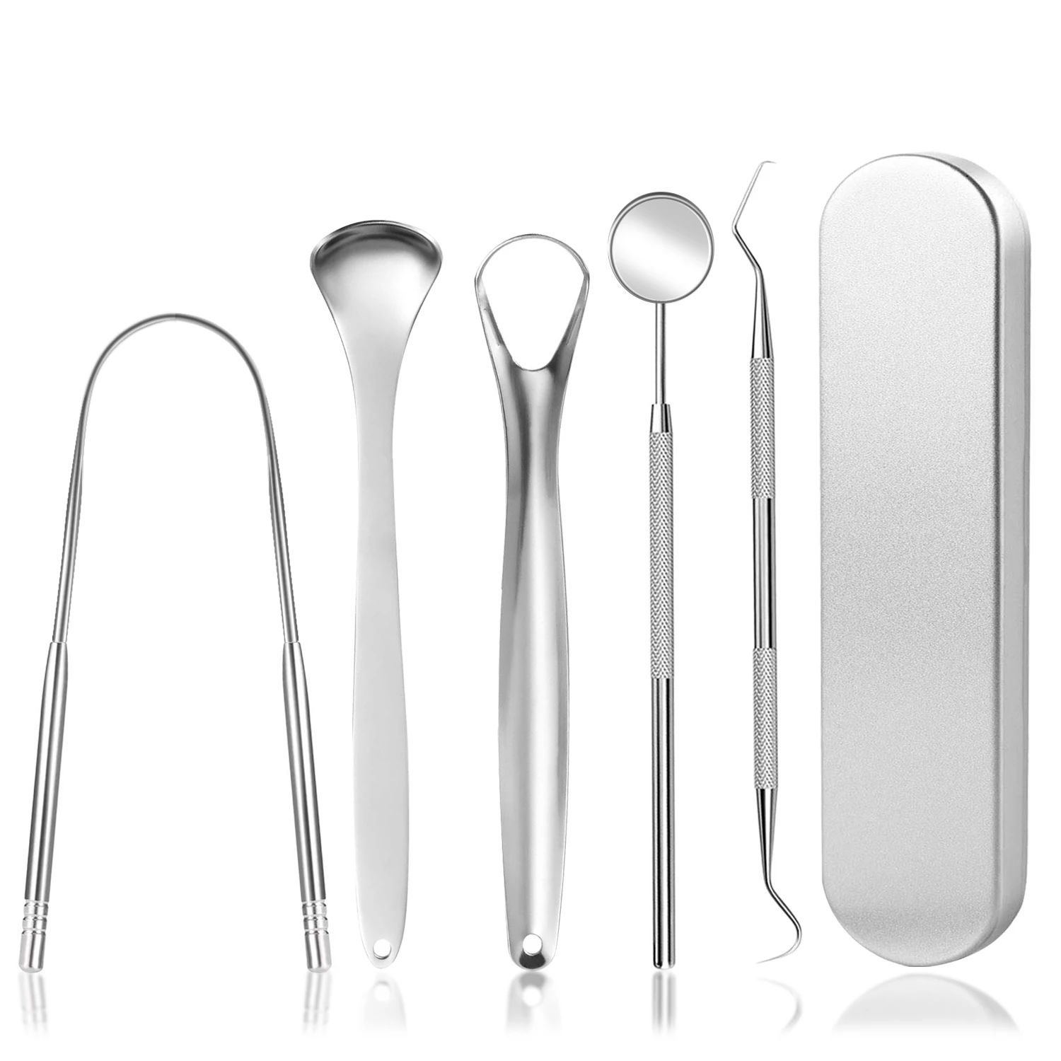 

Очиститель языка, инструмент для ухода за полостью рта из нержавеющей стали, освежает дыхание, портативный скребок для языка (с футляром для хранения), (5 серебряных деталей)