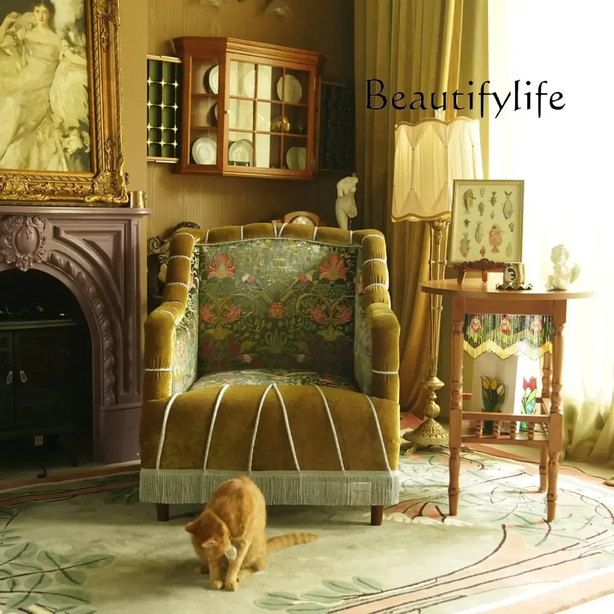 B4 Nordic Medieval Style Embroidery Single Sofa Two-color Three-dimensional Velvet Retro Pattern