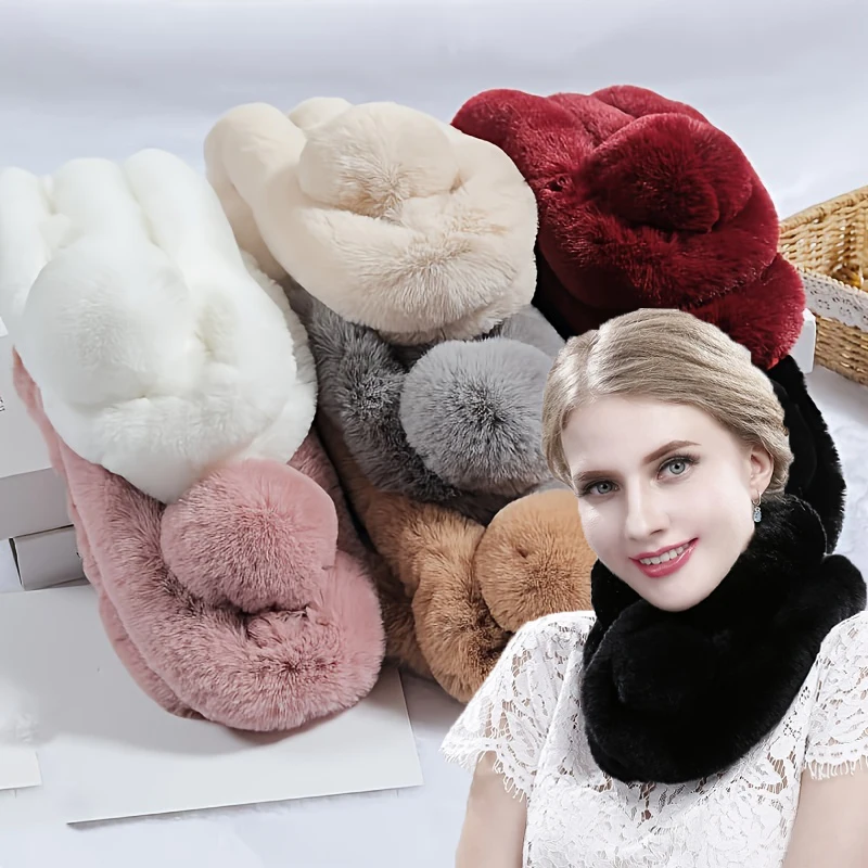 Winter New Rabbit Hair Women's Scarf Warm Short Solid Color True Fur Three Tube Scarf Ball Fashion Skincare Scarf Neck 70*14cm