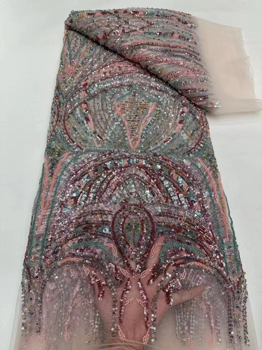 

African Nigerian Tulle Lace Fabric Sequins Sewing Guipure Beads Stone Embroidery Dresses High Quality 2025 5Yards