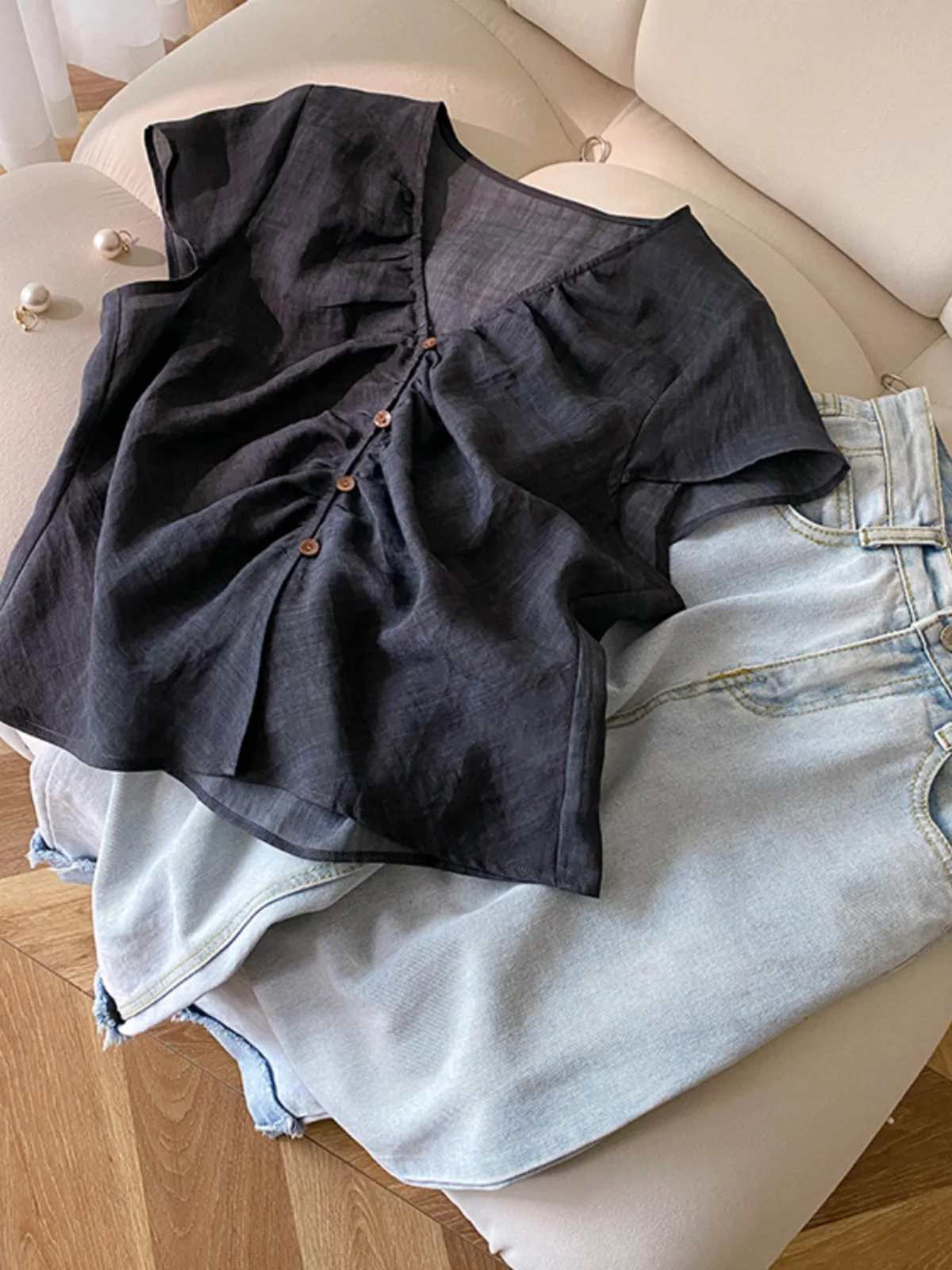 Retro donna irt estate sottile design casual senso pieghettato V-ne Fly Sve Top sciolto pendolarismo Sle ort Sve Button