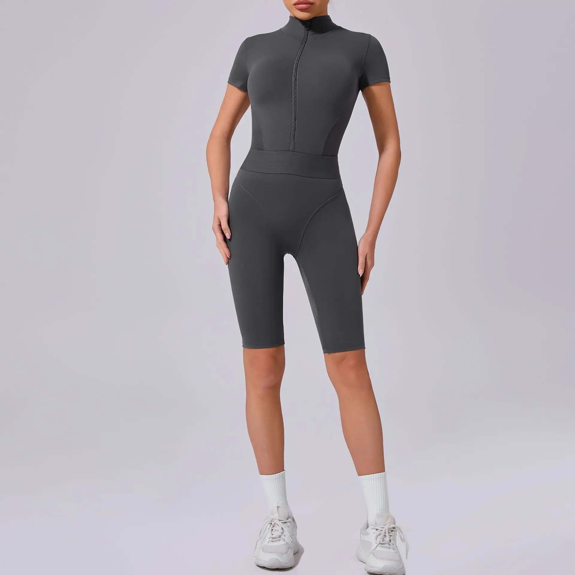 

Mesh Patchwork Gym Short Jumpsuit Playsuit Women Sportswear Short Sleeve Zipper Gym Fitness Overalls One Piece Yoga Workout Set