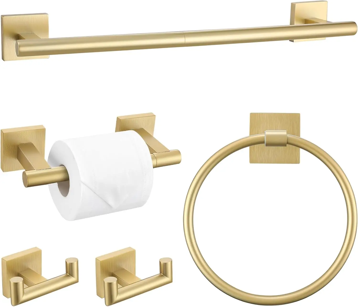 

5-Piece Brushed Gold Bathroom Hardware Set 23.6-Inch Stainless Steel Wall-Mounted Towel Racks Double-Door Toilet Paper Holder
