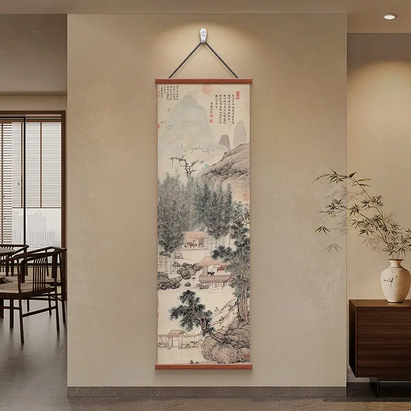 Zen Wall Scroll - Wabi-sabi Ink Mountain Landscape Art, Oriental Wall Decor for Tea Room, Study, Entrance, Aesthetic Room Decor