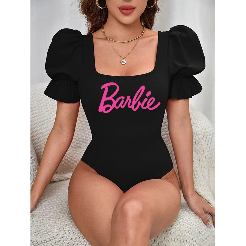 New Barbie Fashion Ladies Puff Sleeve Jumpsuit Kawaii Y2K Summer Kawaii Women All-Match Casual Sexy Slim Short Sleeve Streetwear