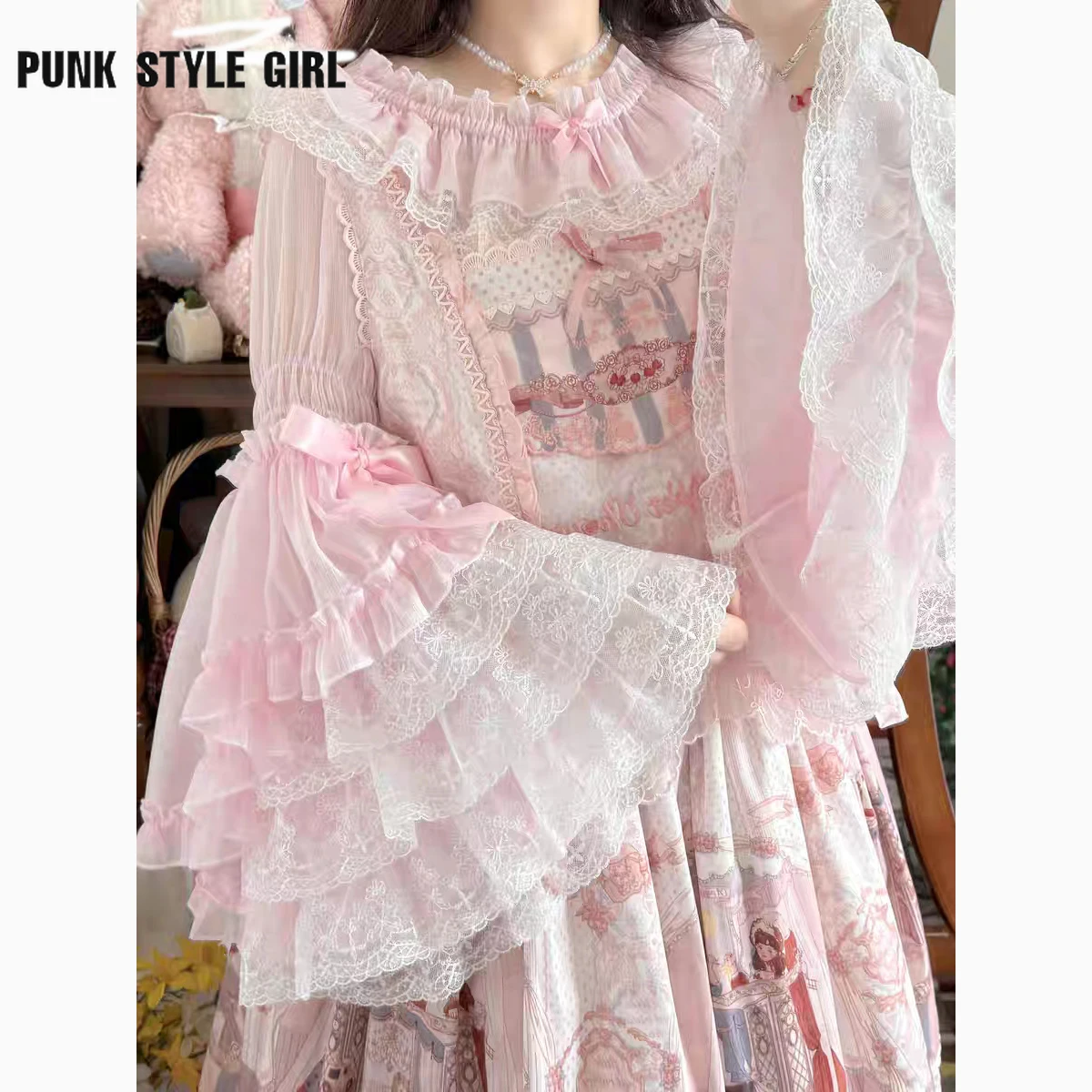 2024 Women Victorian Sweet Lace Bow Ruffles Blouses Flare Sleeve Harajuku Y2k Lolita Shirts Japanese Kawaii Shirt Mujer Tops