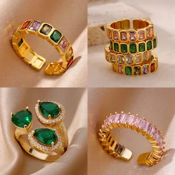 Colorful Cubic Zircon Rings for Women Gold Color Stainless Steel Open Ring Vintage Boho Wedding Party Jewelry Gift Accessories