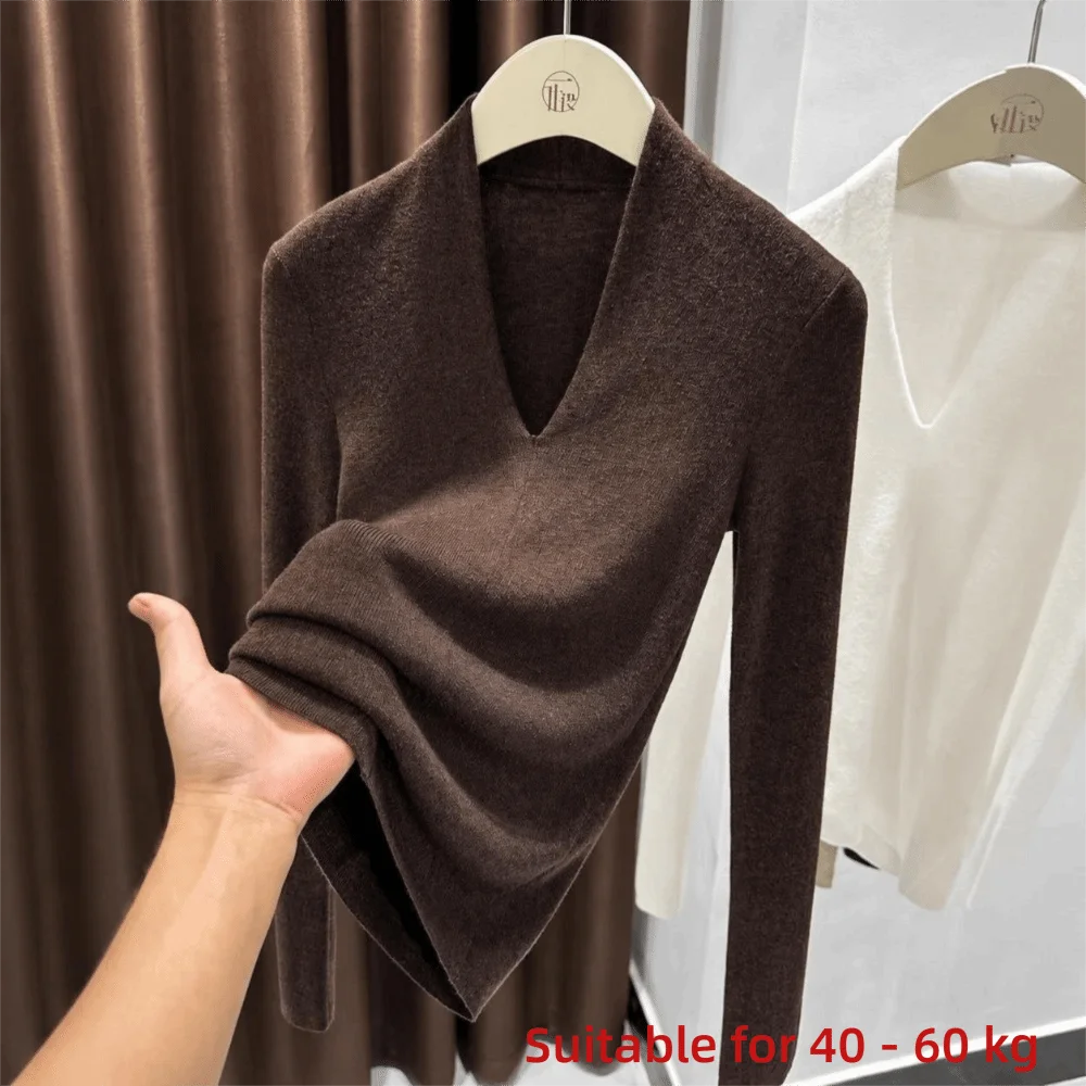 Fashion Long Sleeve Women's Knitted Sweater V-Neck Slim Fit Pullover Solid Color Basic Sweater Top Autumn Winter - view 6