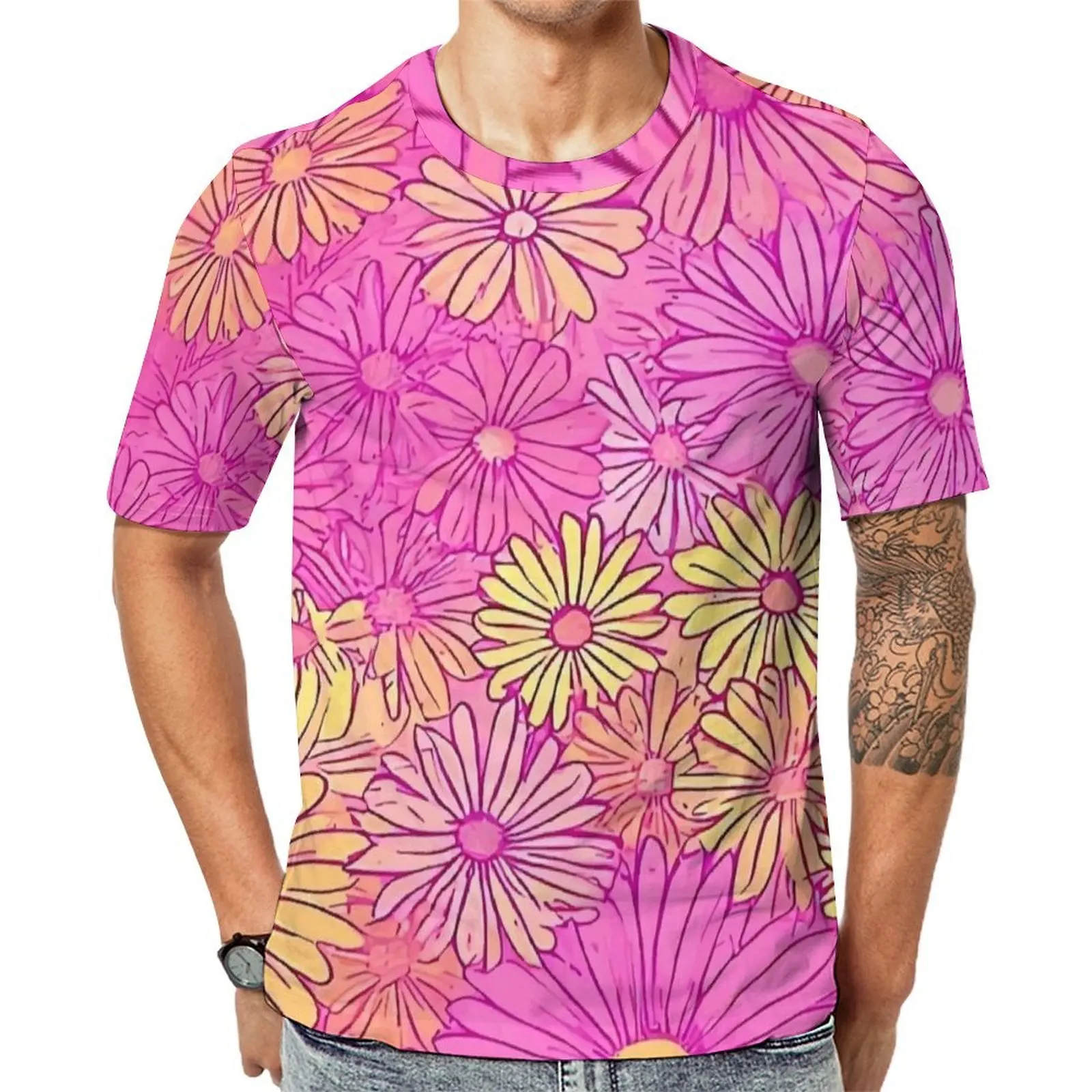 Summer T Shirt Pink Daisy Sketch Print T Shirts  Kawaii Hip Hop Tees For Man Short Sleeve Graphic Plus Size Tops