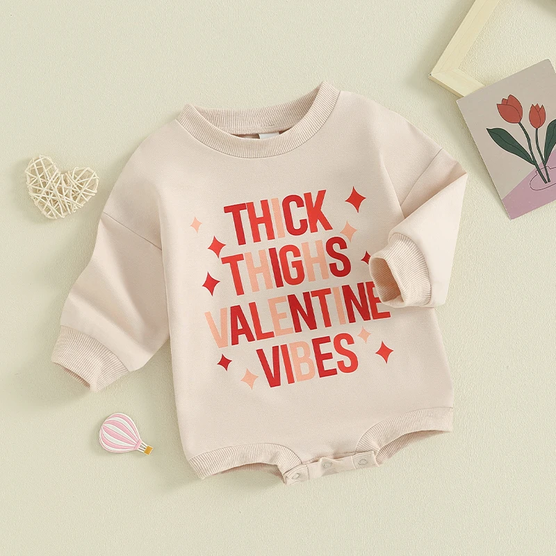 

Casual Baby Letter Sweatshirt Romper Long Sleeve Round Neck Star Print Bodysuit Valentine’s Day Playsuit