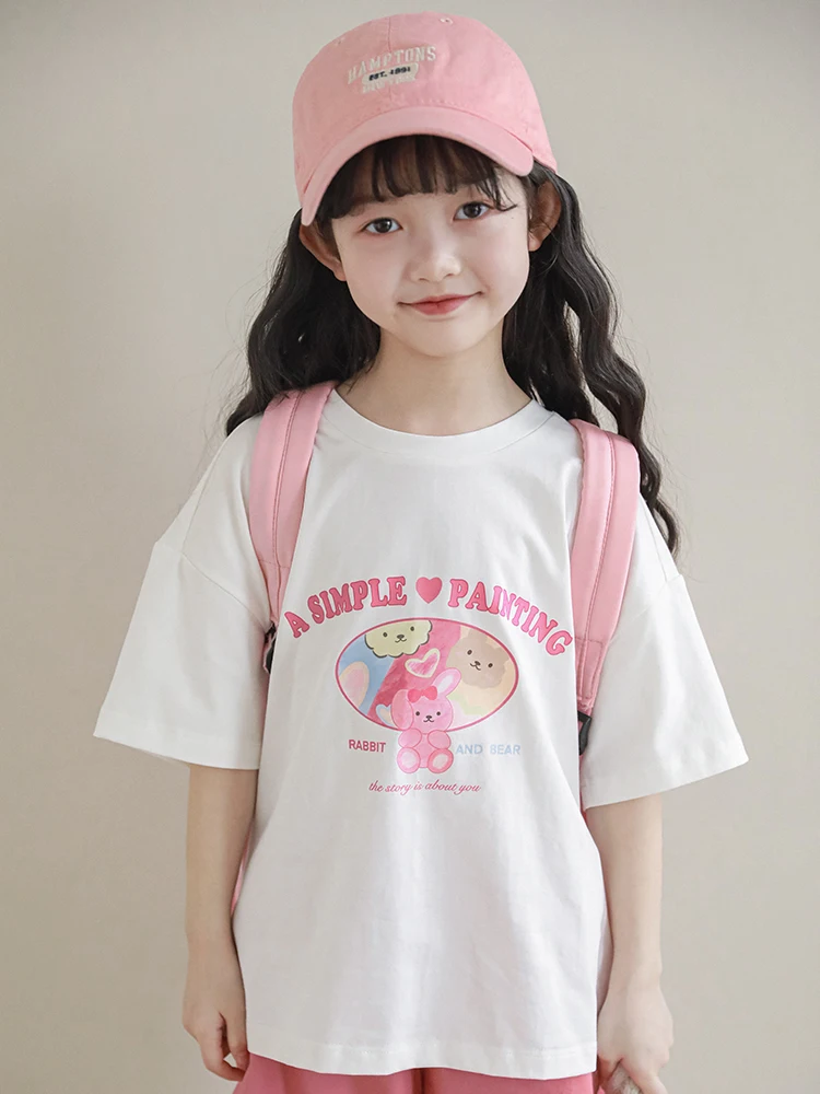 

2023 Girls' Summer Round Neck Short Sleeve Printed Loose Casual T-shirt Children's Pullover Cotton Top 4-6y 7-12y Tees