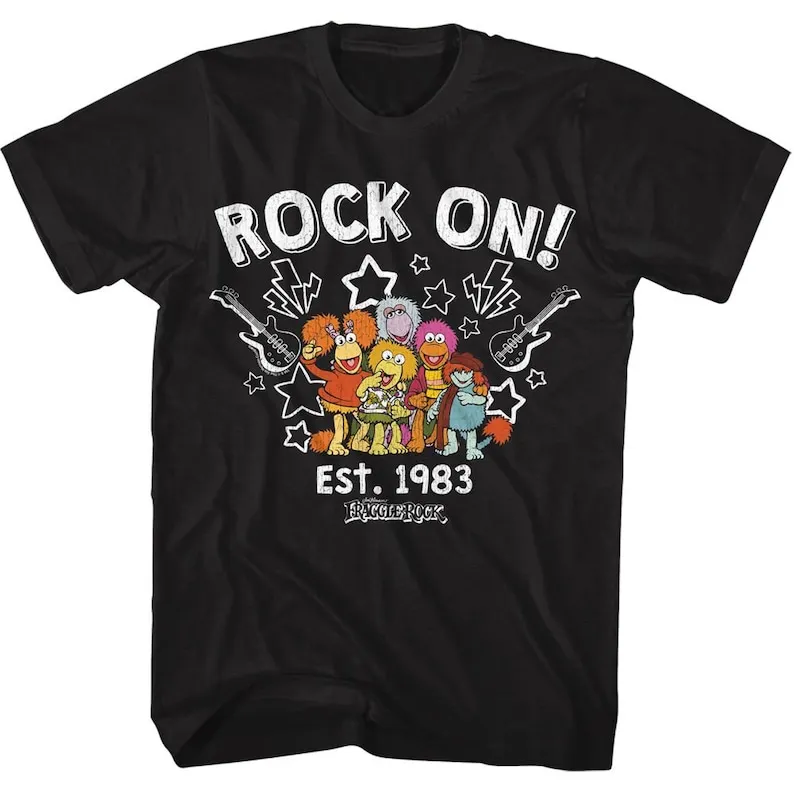 Fraggle Rock Guitars and Stars Black Adult T-Shirt