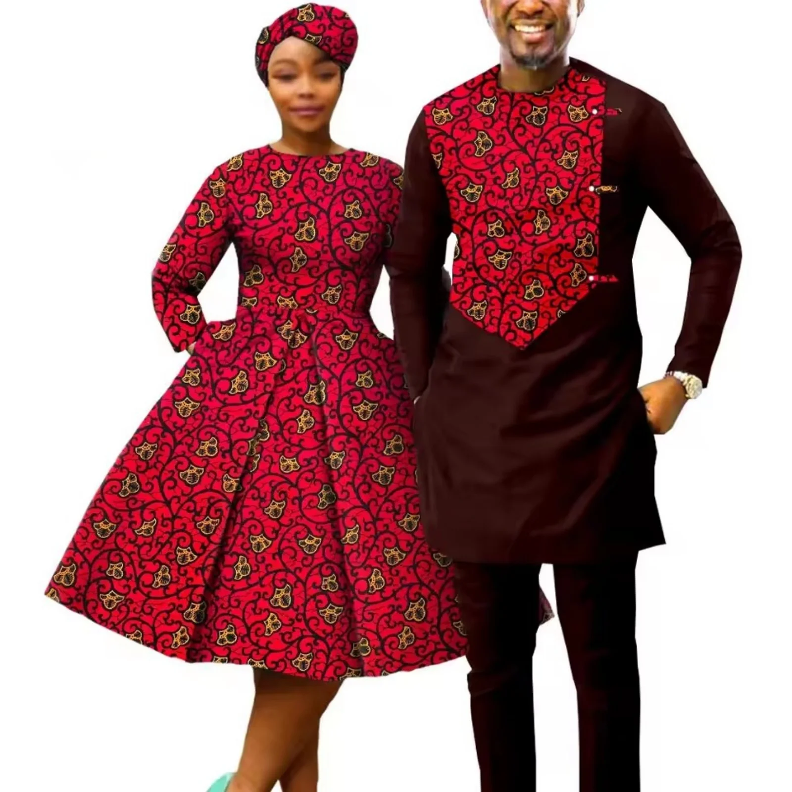 African Print Patchwork Dresses for Women with Headwrap And Men's Matching Outfit Sets Couple Clothing with Shirt And Pants