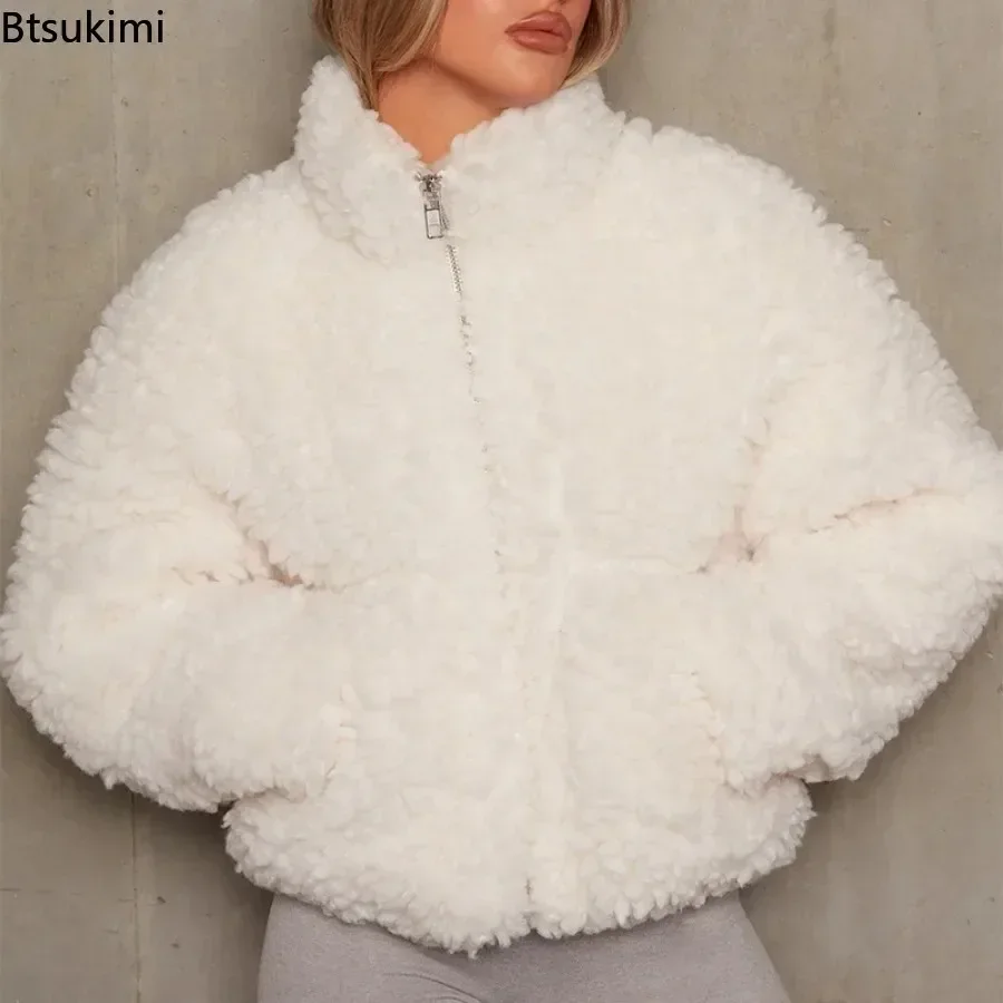 Chic Faux Lambswools Teddy Jacket Hairy Fleece Bomber Coat Plush Stand Collar Velvet Cardigan Outwear Zipper Shaggy Parka Tops