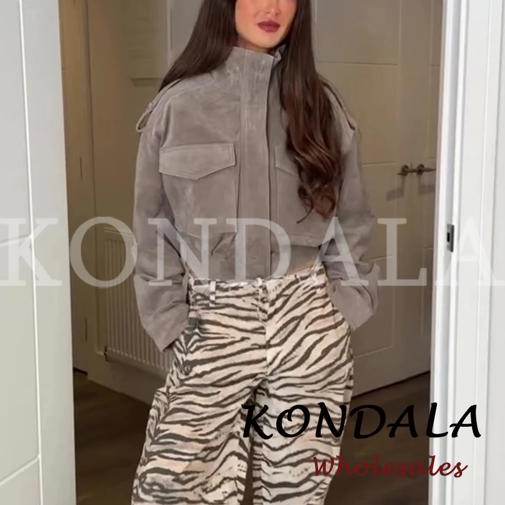 KONDALA Vintage Graue PU Streetwear Damenjacke Mode 2026 Herbst Reißverschlusstasche High Street Chic Moderne Kurze Damenjacke – Detail 2