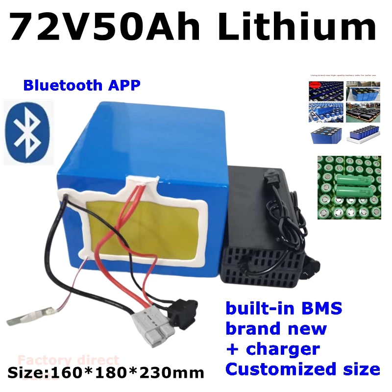 

Lithium-ion 72V 50Ah avec Bluetooth pour Vélo, Scooter, Moto, Camion-grue, Chargeur 10A, 5000W, 10kW