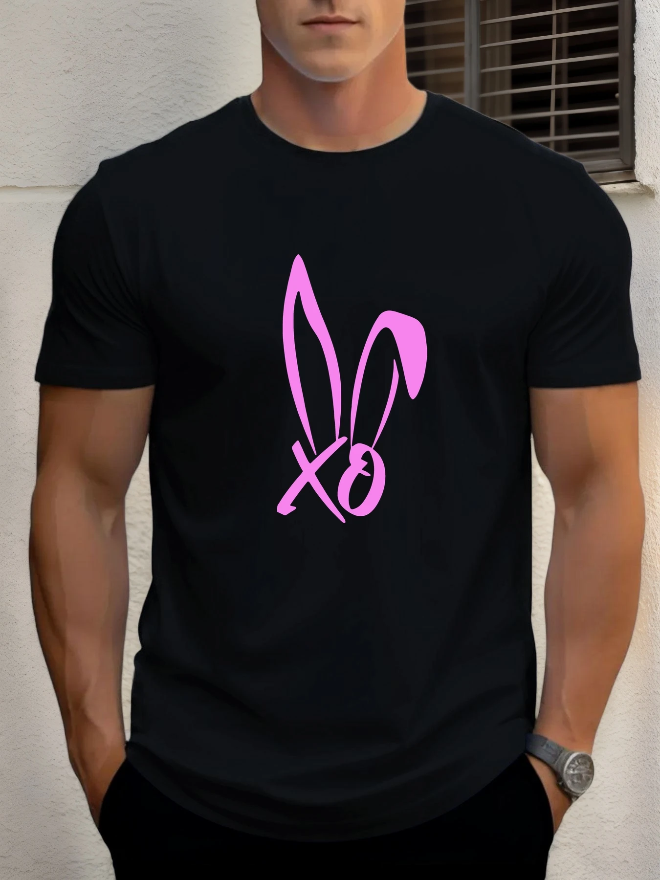 

2025 Summer Men's Cotton T Shirt Rabbit Ears XO Trendy Print Round Neck T-Shirt Casual Breathable Street Style Daily Top