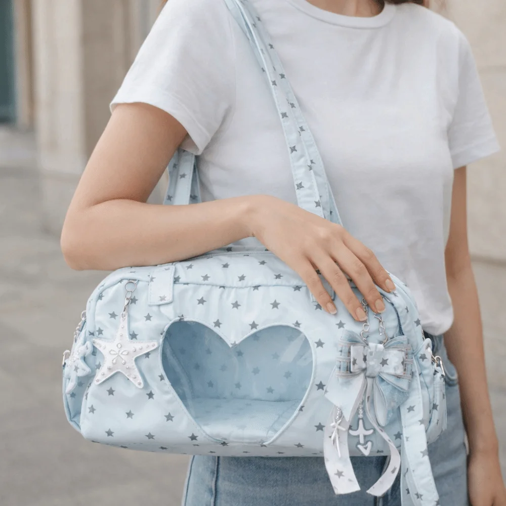 

Sweet Star Print Ita Bag Large Capacity Wing Design Lolita Handbag DIY Badge Display Heart-shaped Display Layer