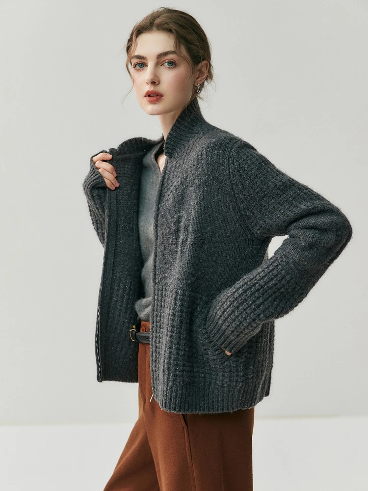 

TLOML Autumn Winter Women's 100% Cashmere Sweater Mock Neck Thick Zipper Cardigan Coat Luxury Casual Style Cashmere Knitwear Top