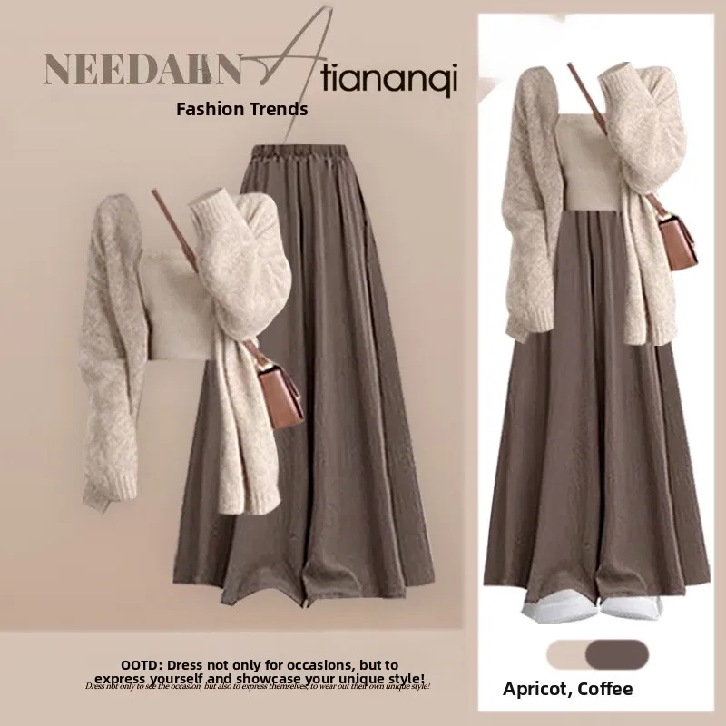 

Ele Korean Sle Women's Knitted Sweater Cardigan Casual Skirt Pants Tee-Piece Set Autumn Leisure Slimming Faion