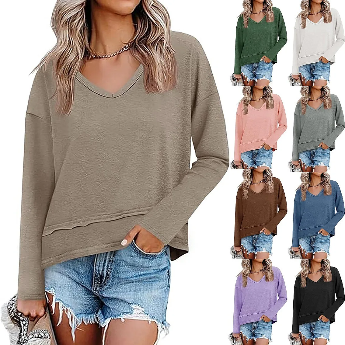 Women V Neck Tops Tee Blouse Casual Loose Fit T Shirts Spring Summer
