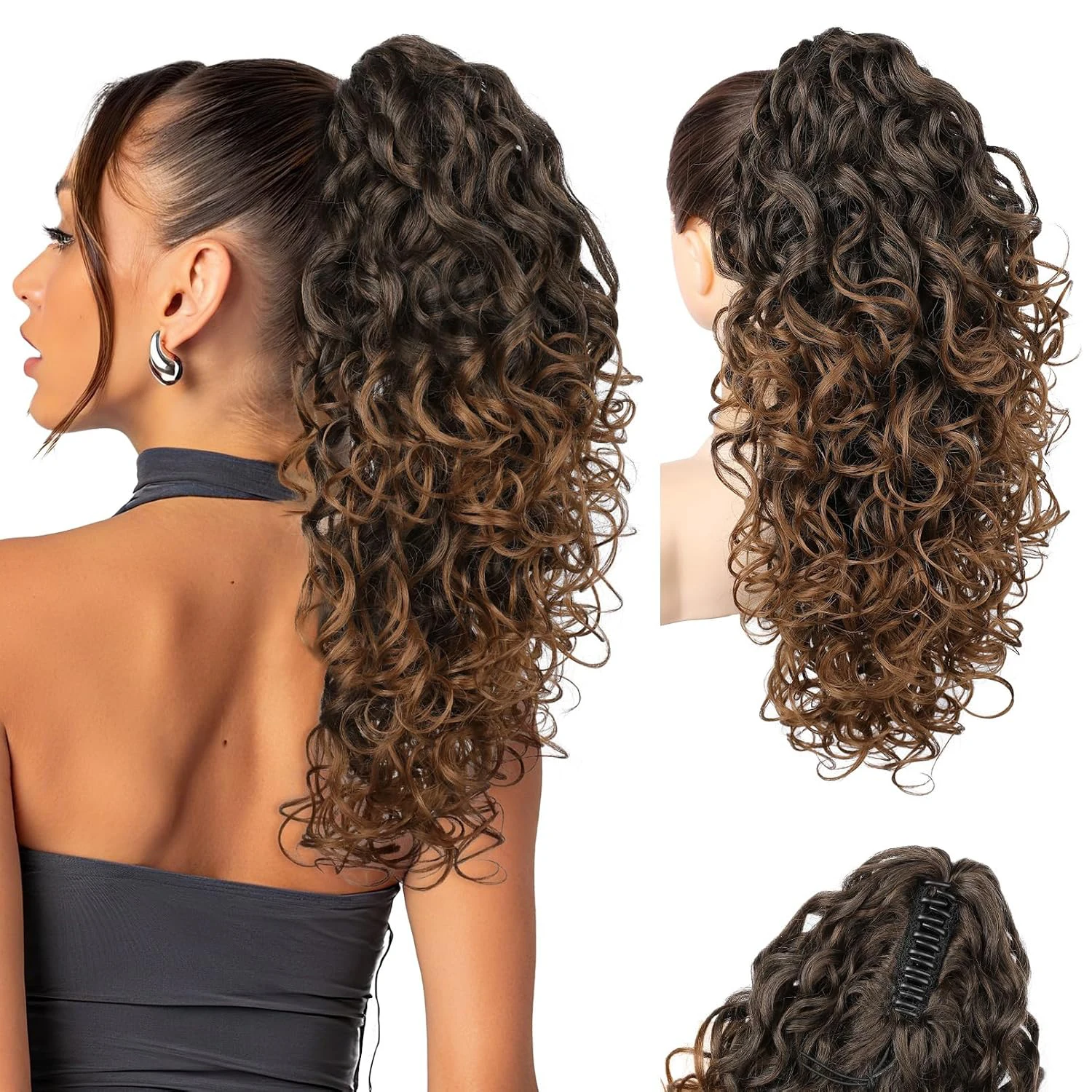 18 Inch Curly Claw Clip Ponytail Hair Extensions Natural Soft pony tail hairpiece for women-Dark Almond Brown Synthetic